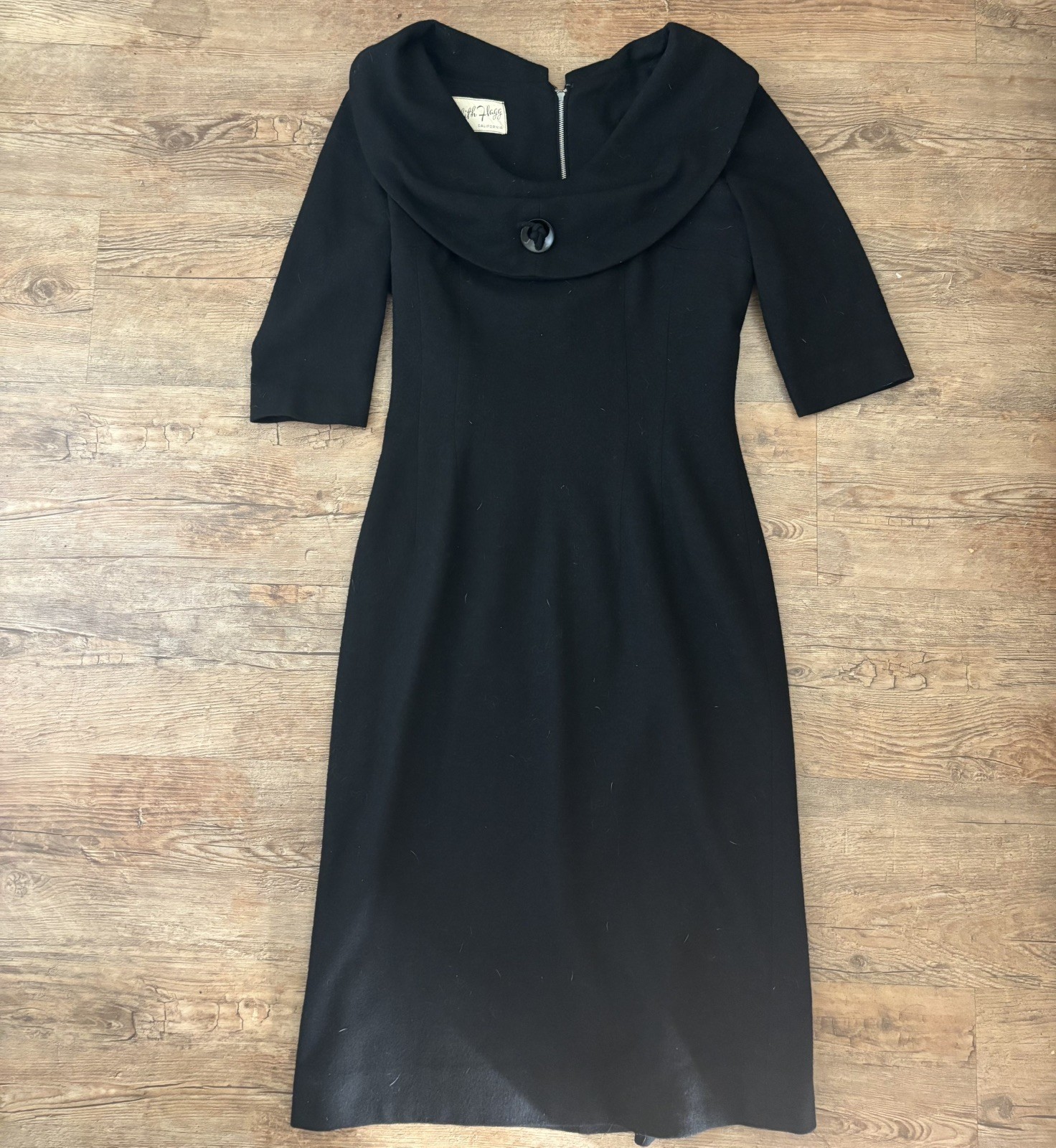 1960s Double Knit Dress Edith Flagg California Black Wool Retro Mod A Line Med