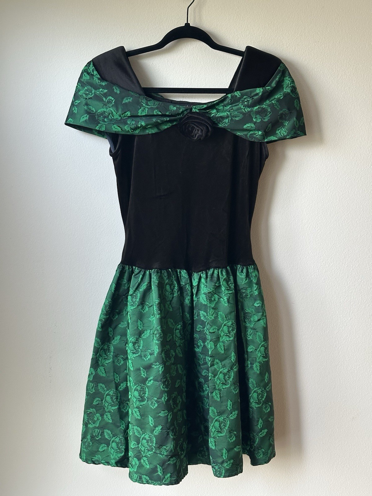 Vtg 90s By Choice Formal Dress Black Velvet Emerald Green Sz 9 Taffeta USA Made