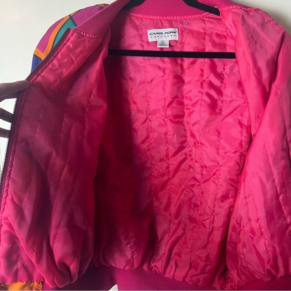 VTG 80s Carol Horn Silk Geometric Colorblock Bomber Jacket Pink Multi Sz M