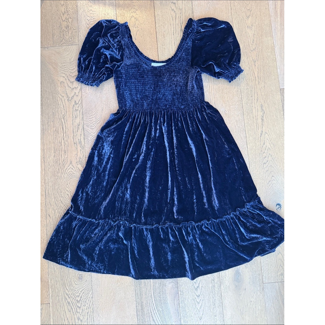 Hill House Home blue velvet Louisa Nap Dress smocked bodice puff sleeves