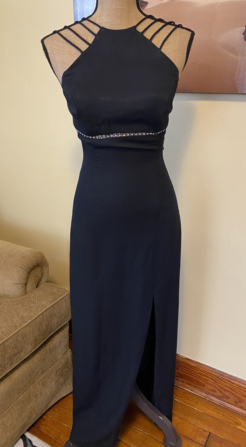 VTG 80s Black Union Made Sleeveless Strappy Mermaid Body Con Gown Nadine S