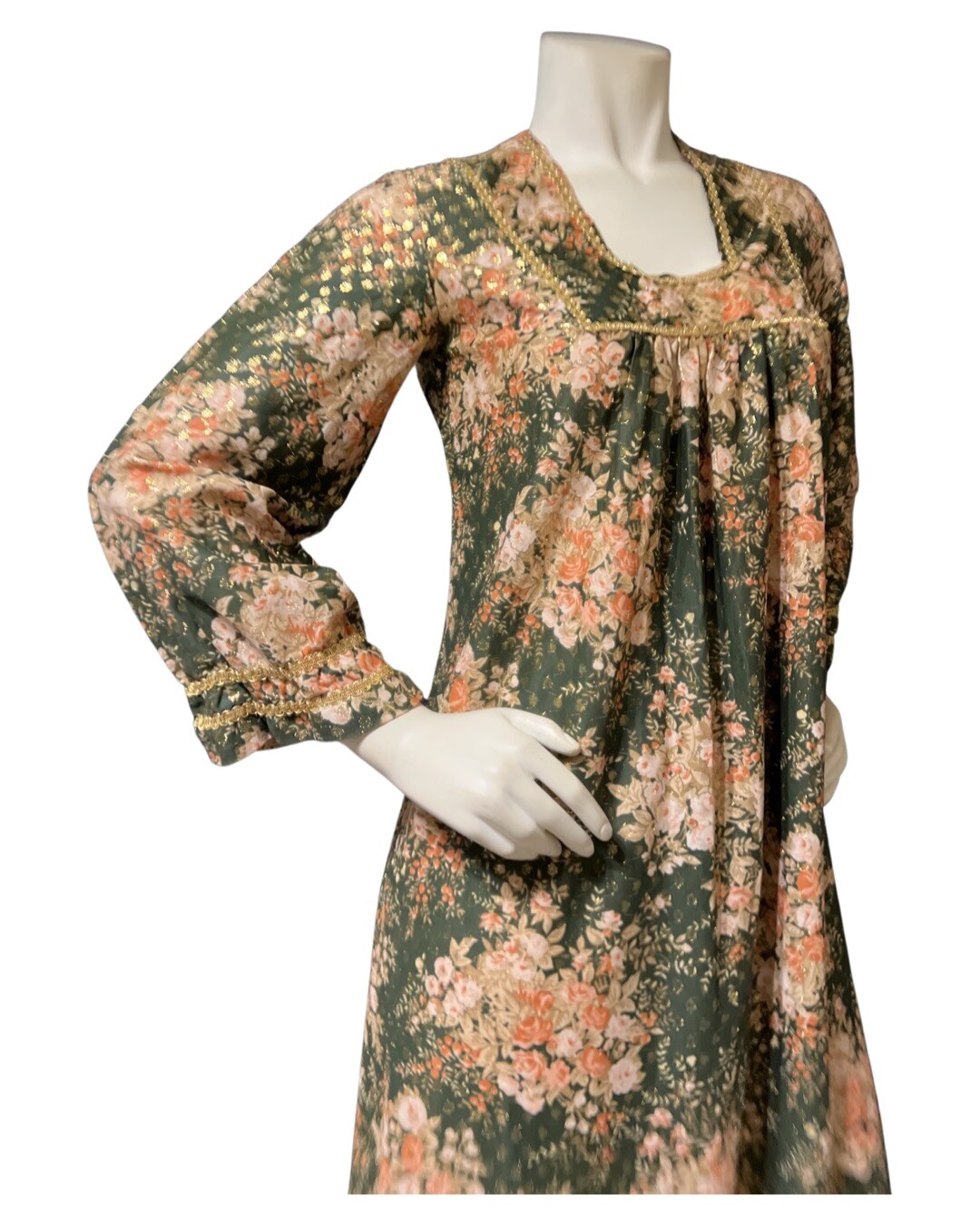 60s Vintage Green Gold Metallic Lame Floral Bouquet Caftan Dress S/M MAXI