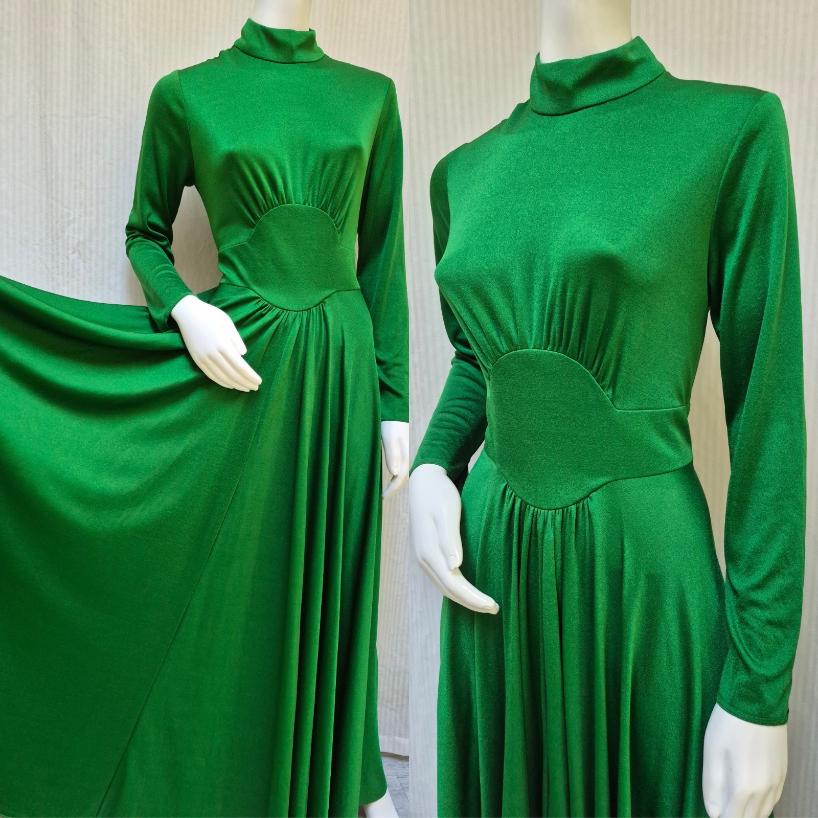Vintage 1970s Green Shiny Knit Mock Neck Full Sweep Maxi Dress – Size M
