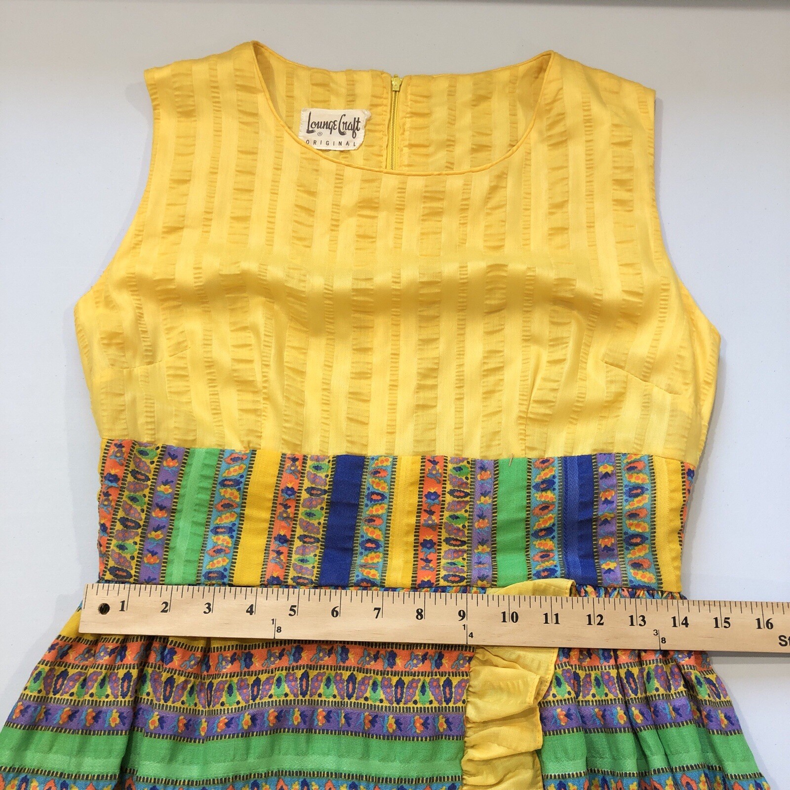 Vintage Lounge Craft Yellow Multi Sleeveless Ruffles 60s 70s Retro Maxi Dress