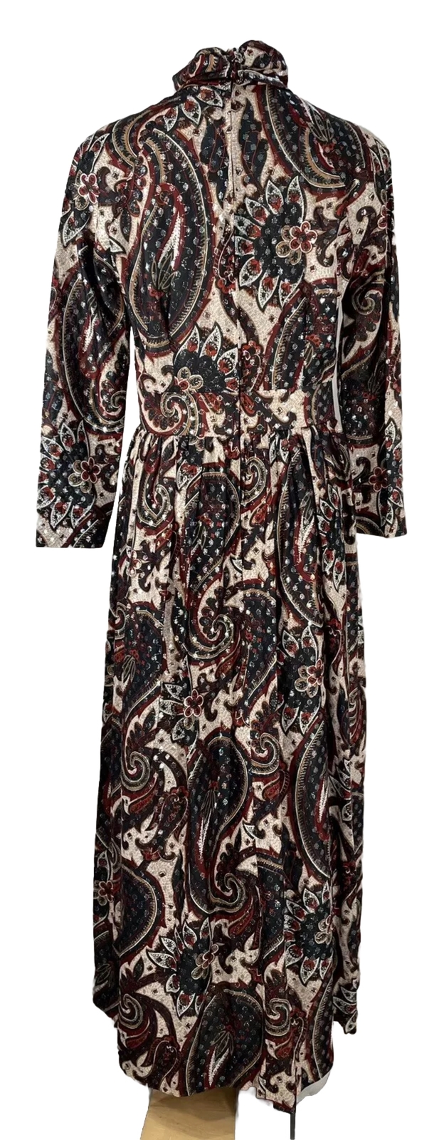 Vintage 1970s Hostess Dress Paisley Metallic Long Maxi 100 Parkhouse SZ M