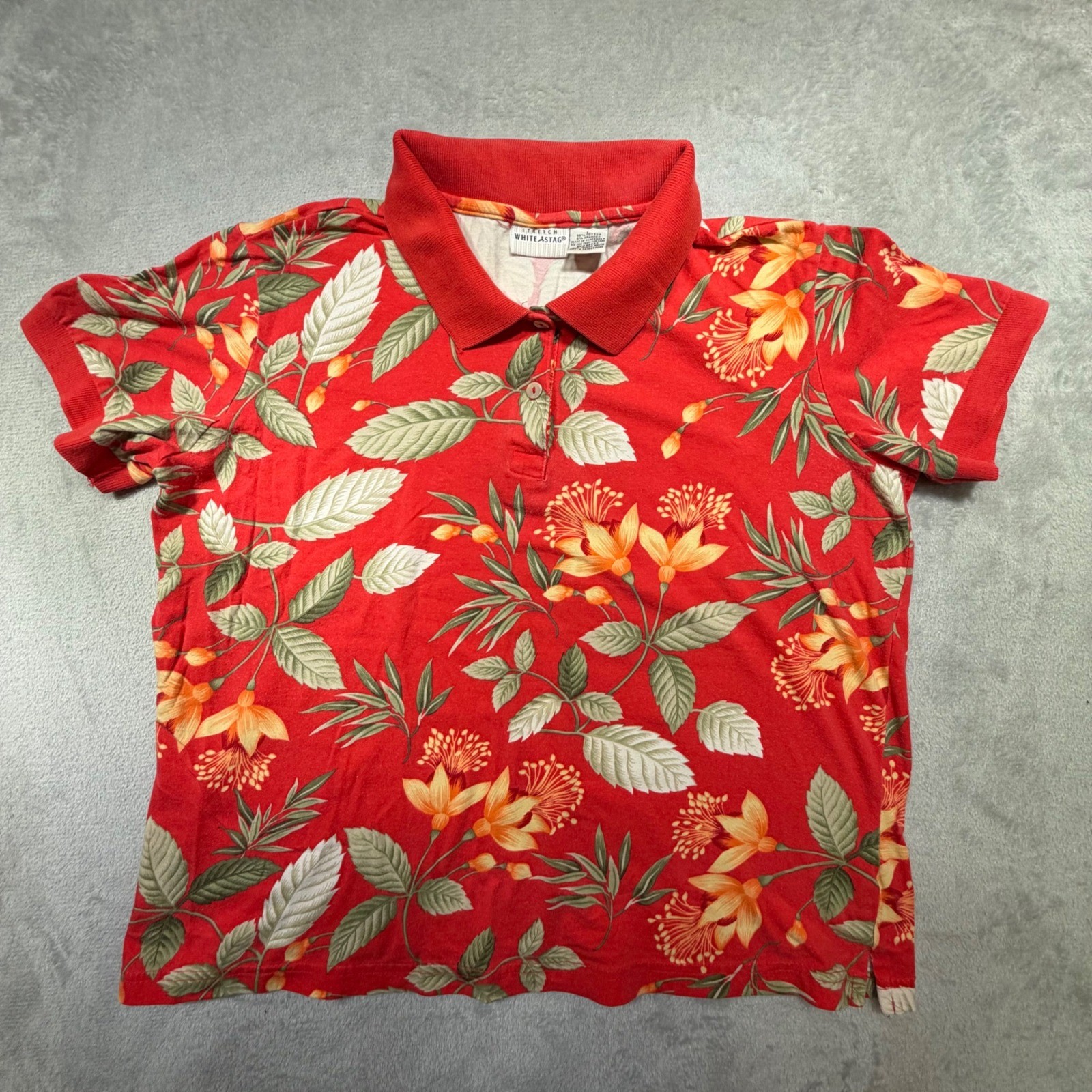 Vintage White Stag Floral Polo Shirt Size L Red Cotton Tropical 90s Short Sleeve