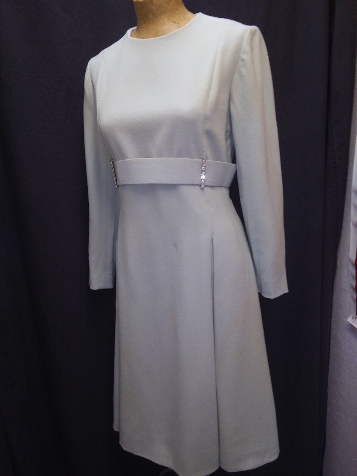 60’s 70’s Pale Blue Wool & Rhinestones Dress by Carlye for Beckman’s M