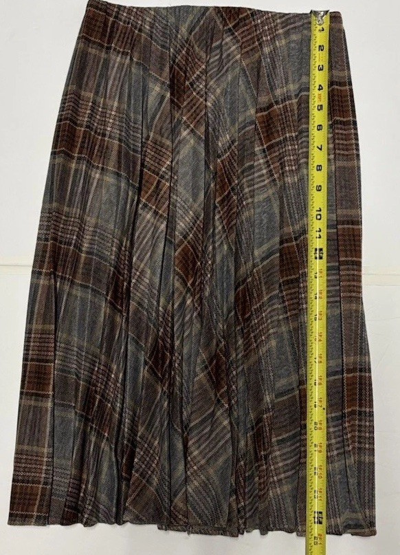 Vintage Pleated Checked Skirt Brown Grey Polyester Academia Classic Size 10 EUC