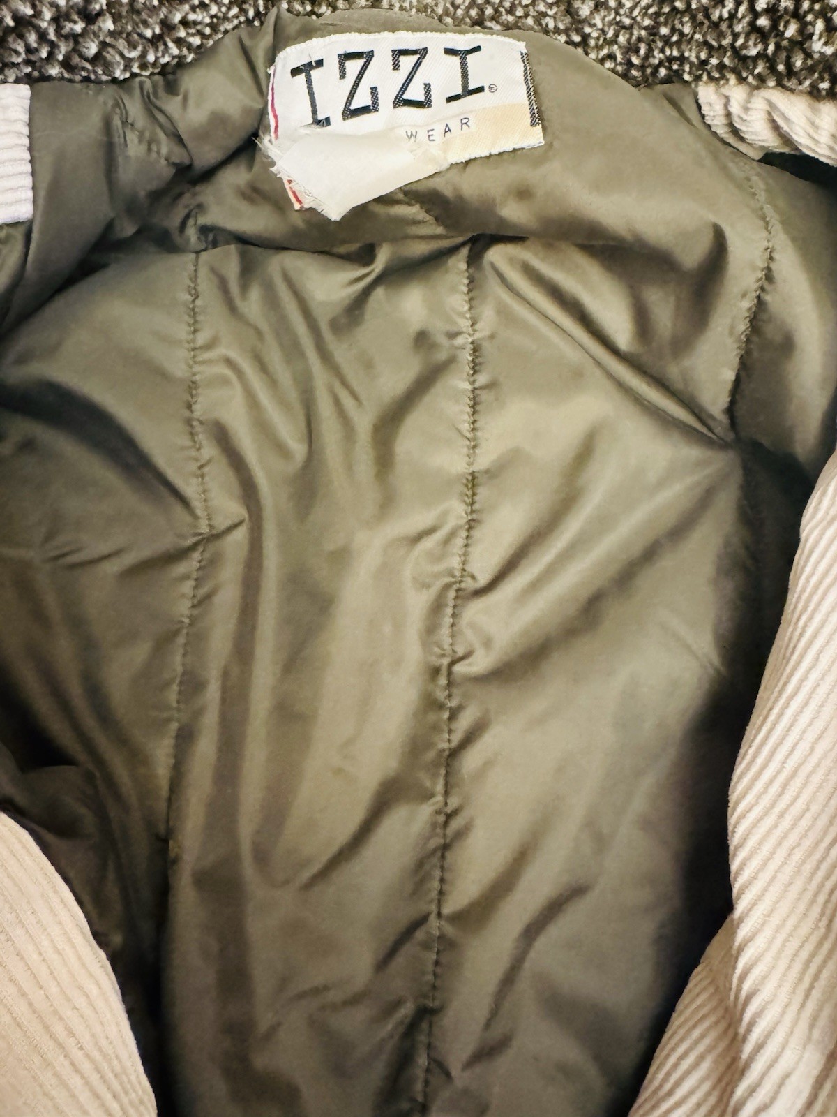 Vintage IZZI Patchwork Corduroy Sweater Olive Green Jacket Large Full Zip Snaps