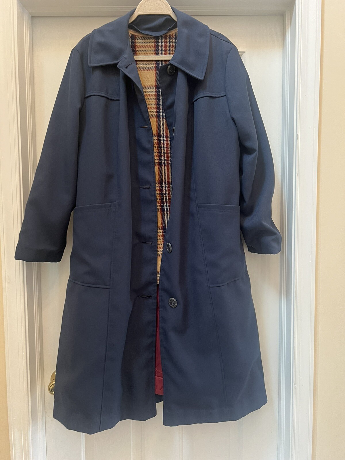 Vintage Navy Car Coat Trench Style Removable Plaid Liner Classic Detail Size 12