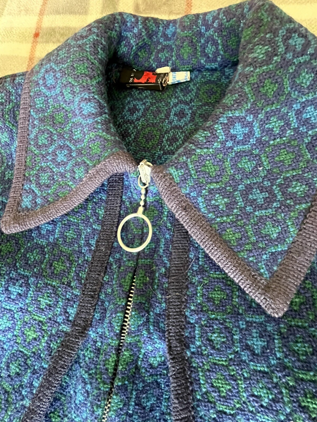 Welsh Woolens Cape Zippered Vest Blue/Green Jacquard Retro Vintage 1970’s Mod