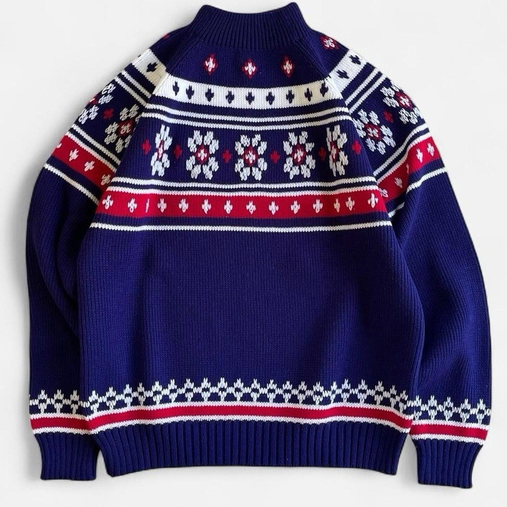 Vintage JCPenney Mock Neck Navy Blue Red White Snowflake Knit Sweater