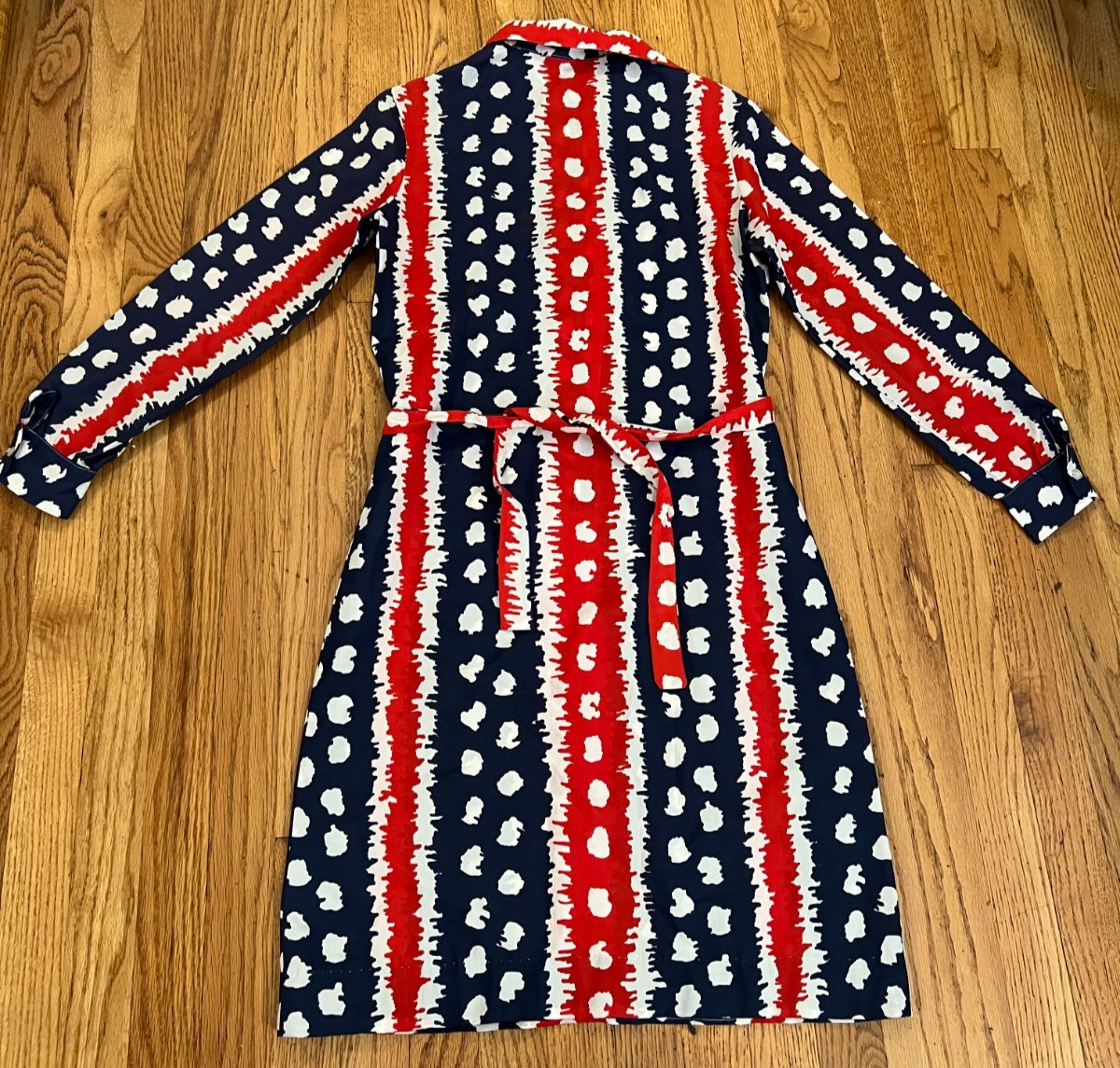 VTG 50s-60s Fritzi San Francisco Midi Dress Large Belted Wrap Tie Red/White/Blue