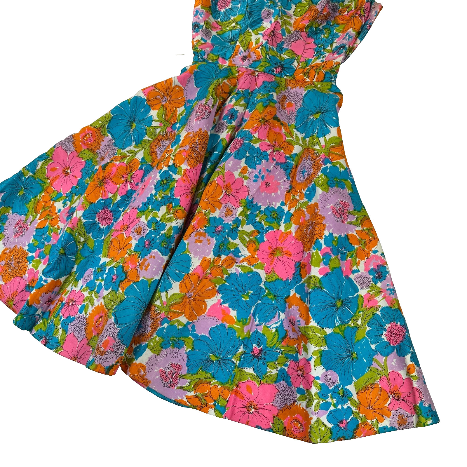 1950s 1960s Vintage Dress Full Skirt Bright Colorful Floral Low Back Statement