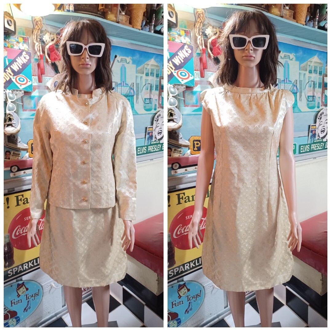 True VTG 1960s Mid-century Gold Brocade Dress Jacket Set Jackie Kennedy S/M MCM