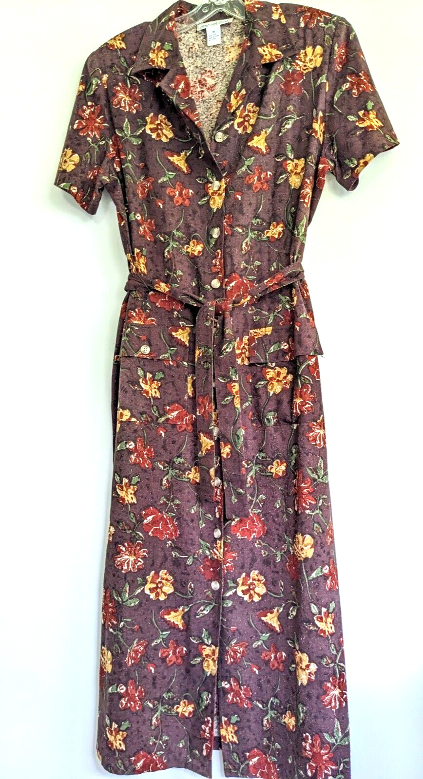Vtg Anna Frank Silk Brown Floral Button Front Long Dress Short Sleeves Pockets M