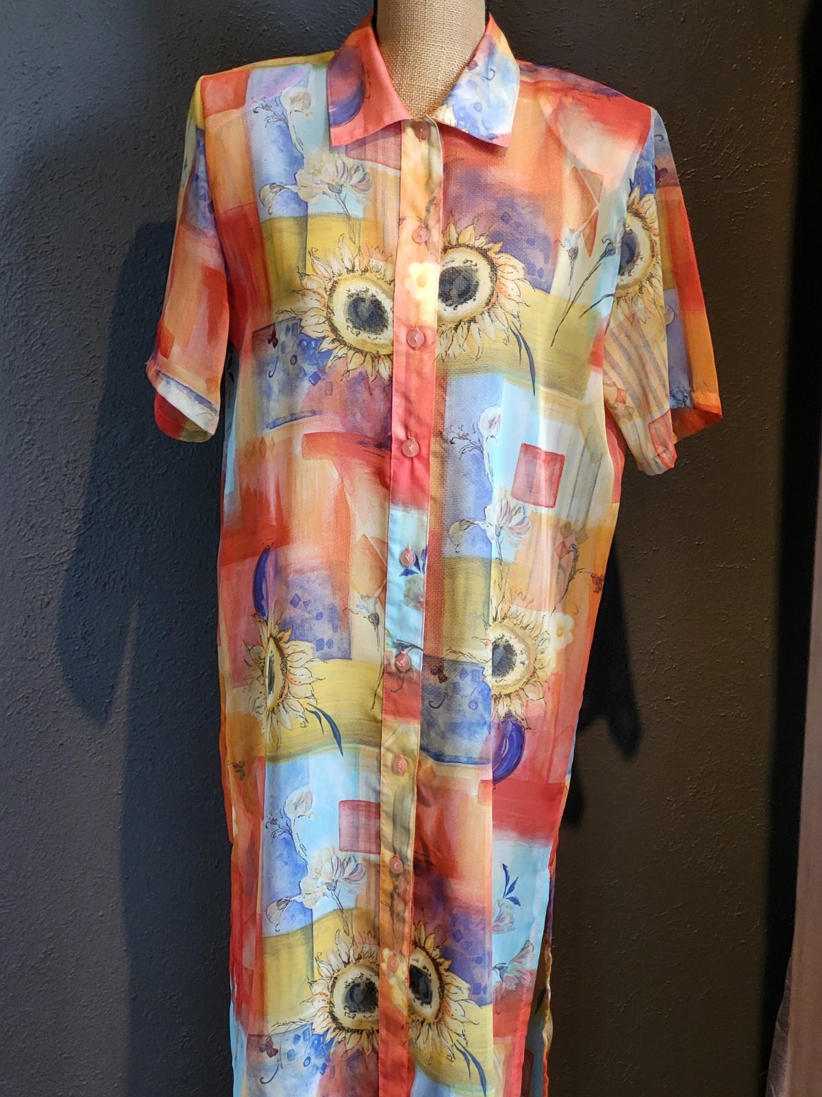 Sea Suns Vtg 80s Sheer Sunflower Themed Maxi Shirt Dress Medium