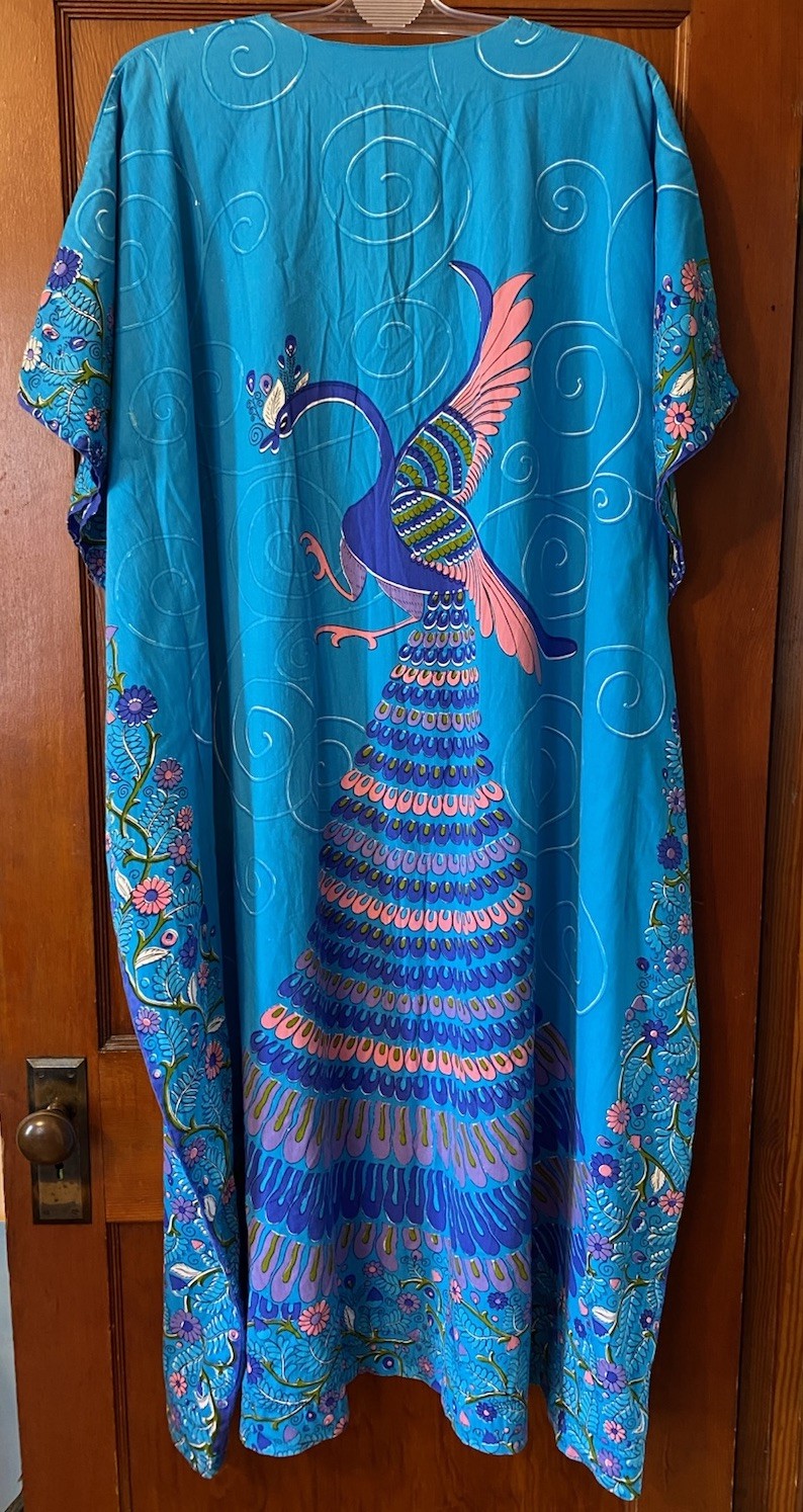 VTG Neiman Marcus Blue Peacock Floral Maxi Kaftan Mumu Dress Size M/L