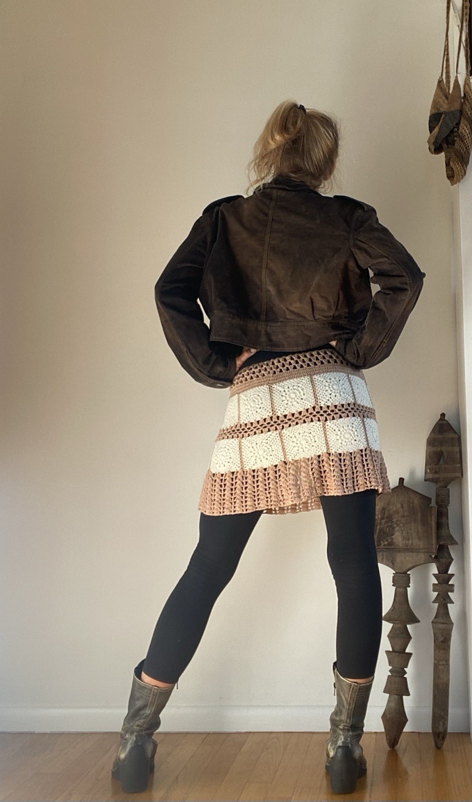Vintage 60s 70s White And Light Brown/Beige Hand Crocheted Small