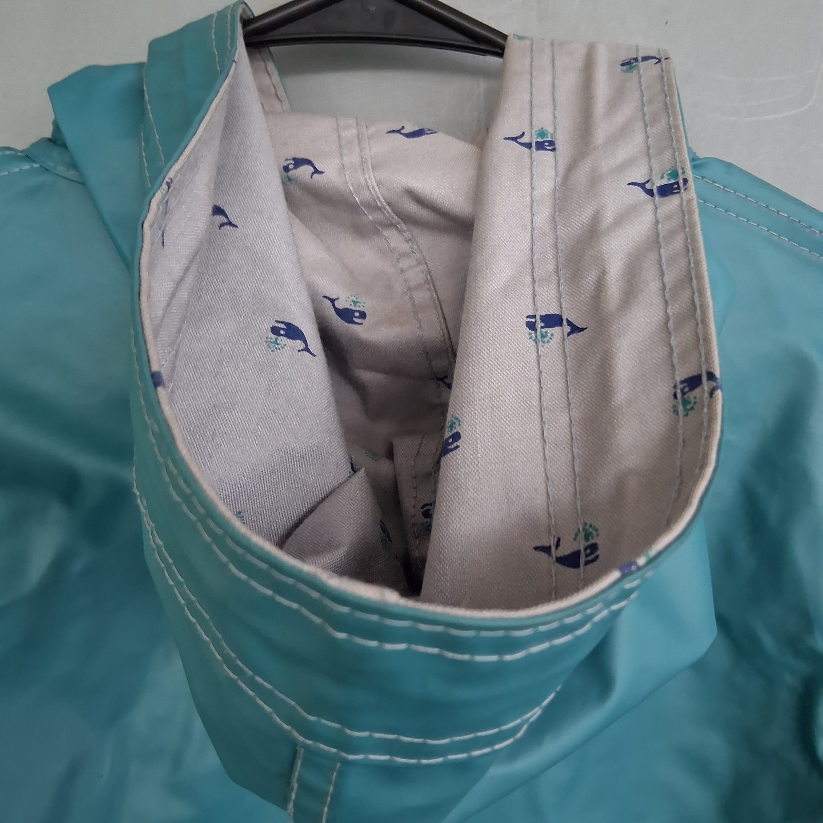 Vintage 90s Rain Slicker Teal Whale Print Fisherman Chrome Snaps EVC M