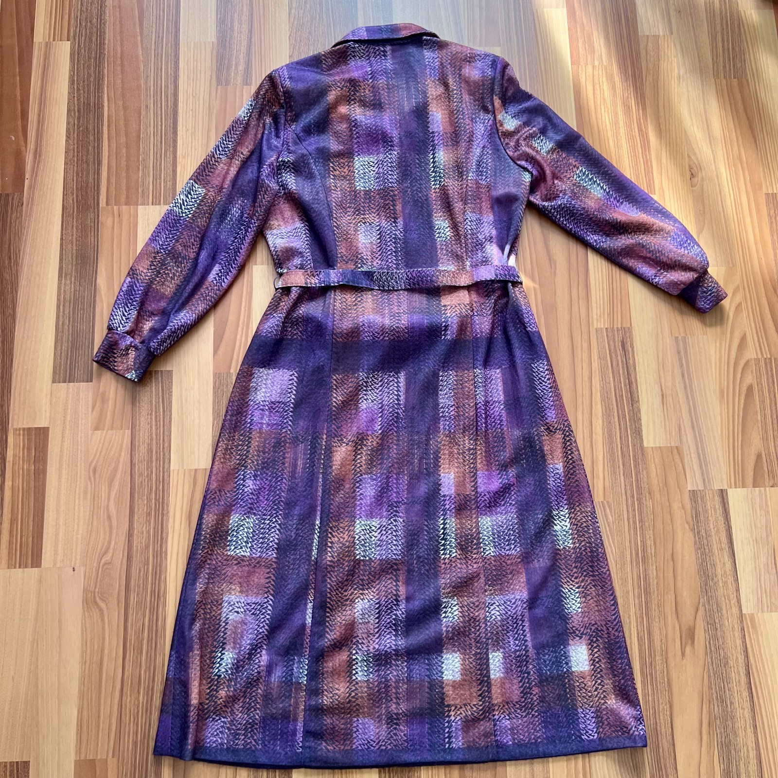 1970s Geometric Print Button Front Midi Dress Belted Long Sleeves Aline EU 40