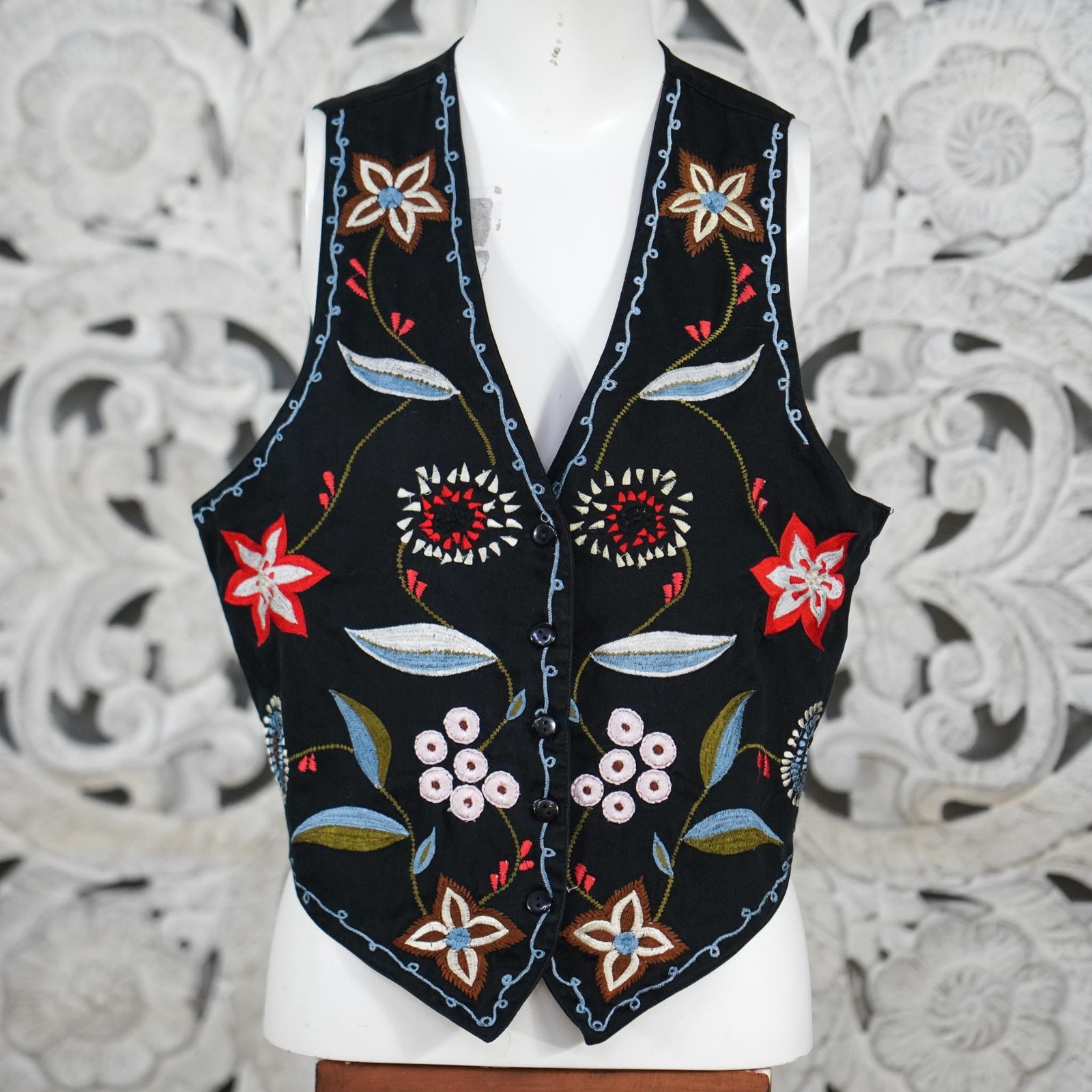 Vintage County Seat Nuovo Black Embroidered Floral Folk Vest Women’s S Cotton
