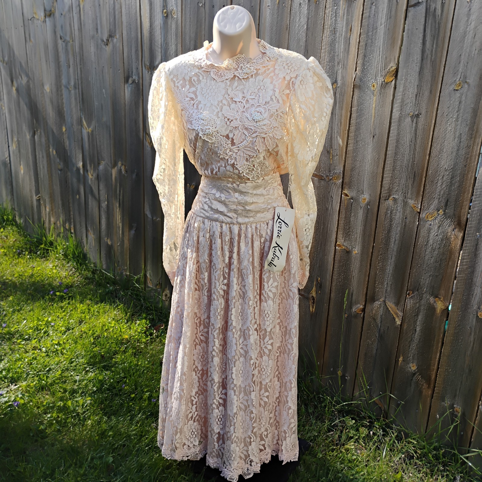 VTG Lorrie Kabala Lace Wedding Gown 3 Pc Size 8 Champagne Cream Pearl Beaded NWT