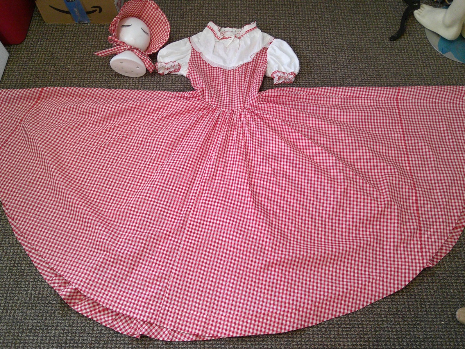Vtg 70s Red/White Gingham Prairie Cottagecore 160″ Full Sweep Maxi Dress & Hat M