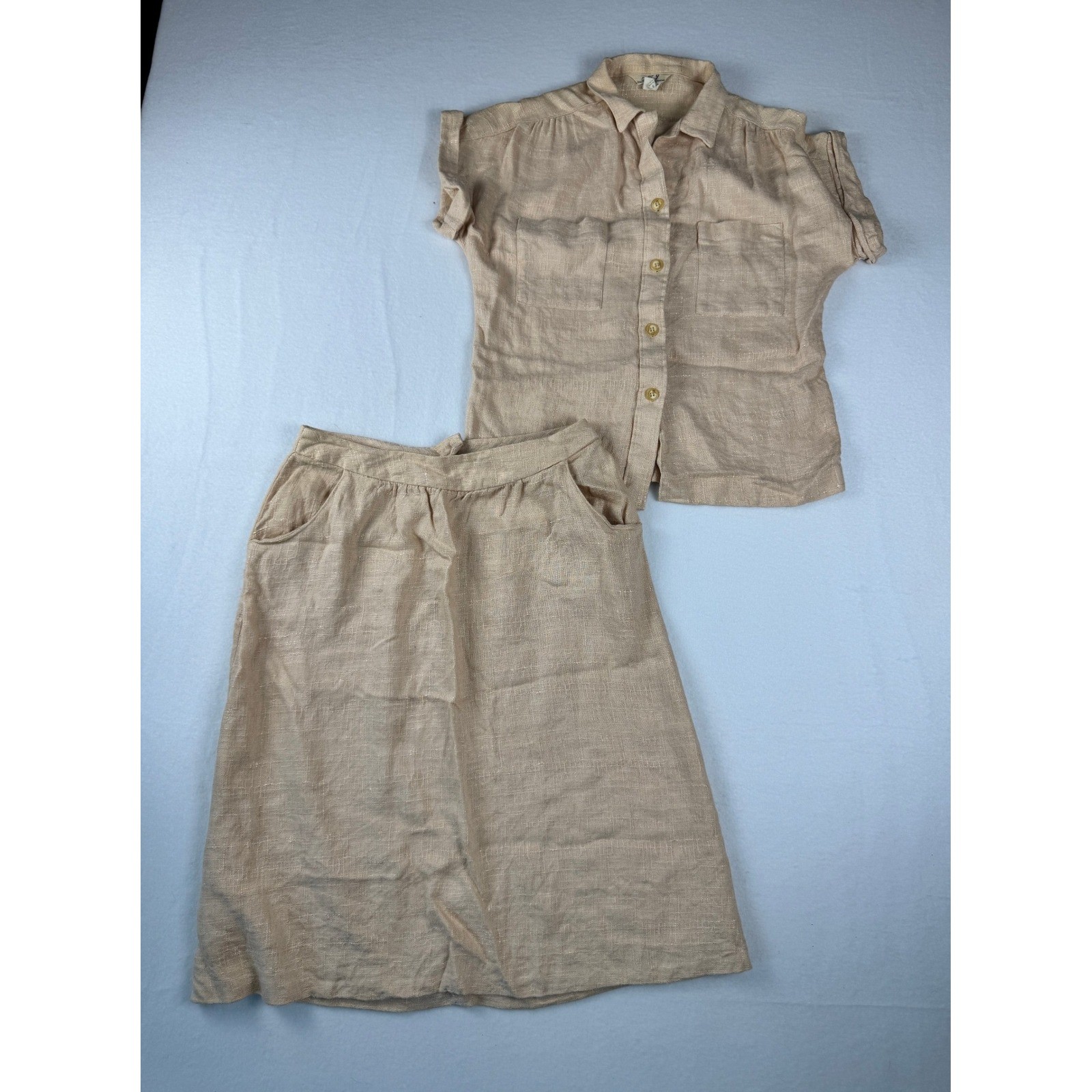 Vintage 70’s Linen Blend Neutral Two Piece Skirt Set Tan Short Sleeve Top Midi