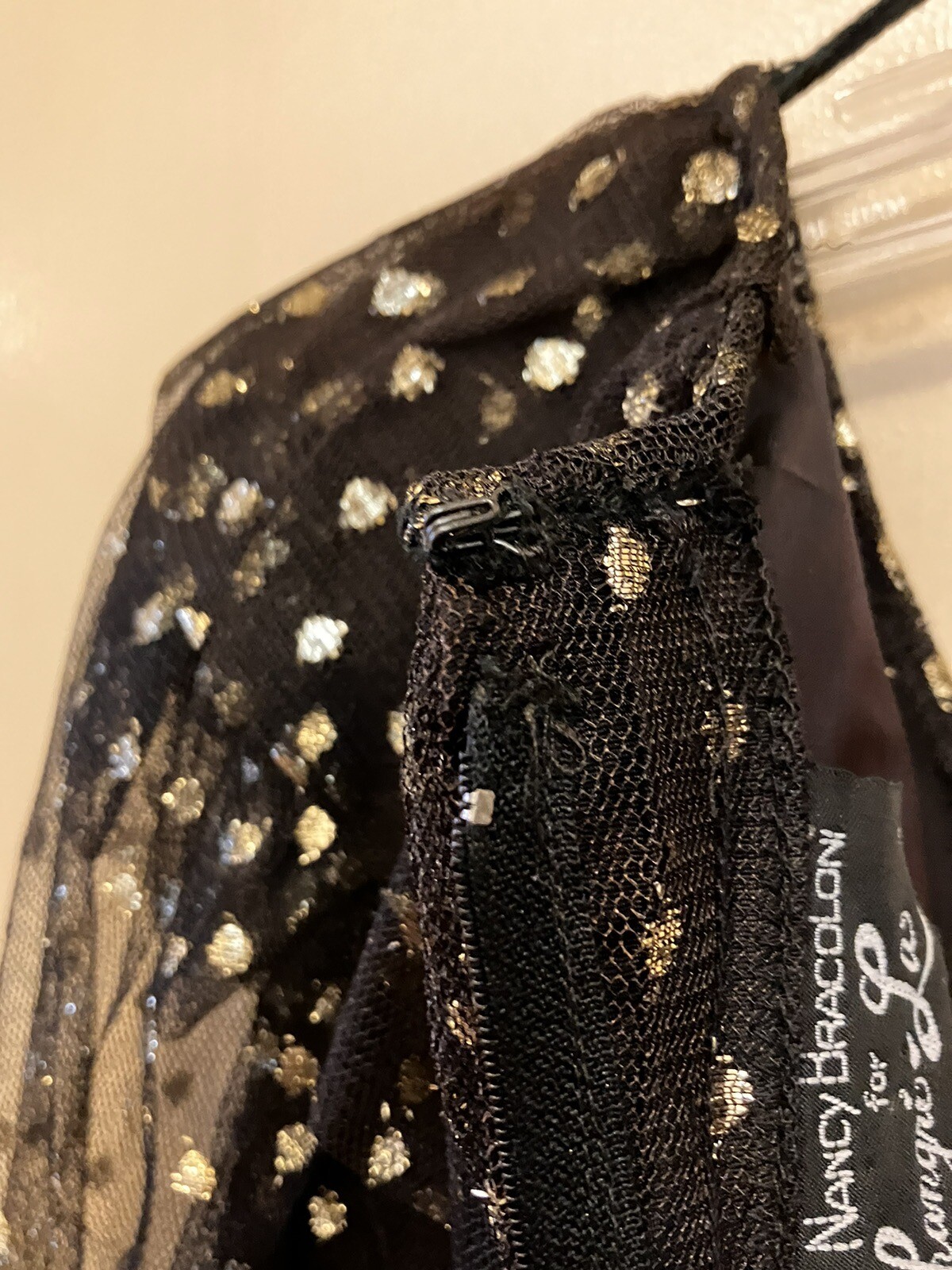VTG Dress Nancy Bracoloni Shangri La Black Gauze W/ Gold Polka Dots See Measures