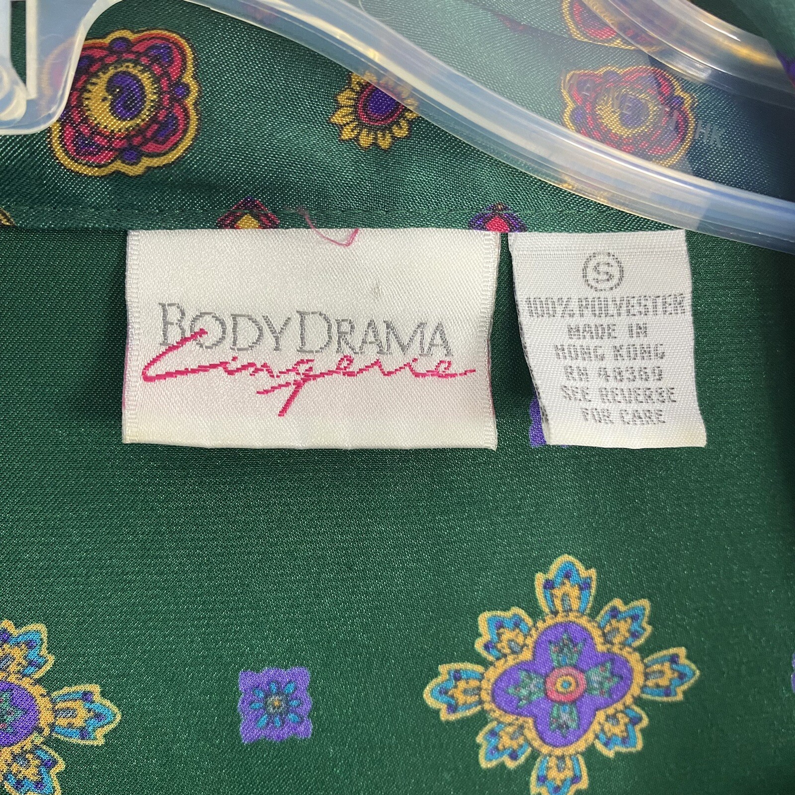 VTG Kimono ROBE Lingerie Size S Green Geometric Belted Women’s Satin Pocket
