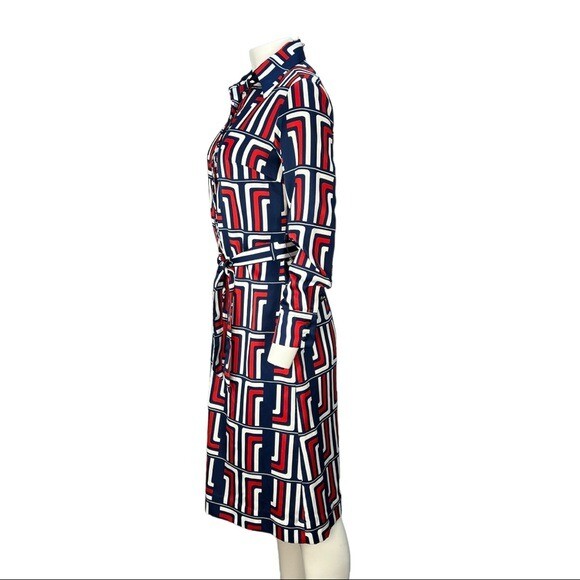 VINTAGE 70’s LANVIN Paris Red White & Blue Long sleeve Shirt Dress Sz 10 w/Belt