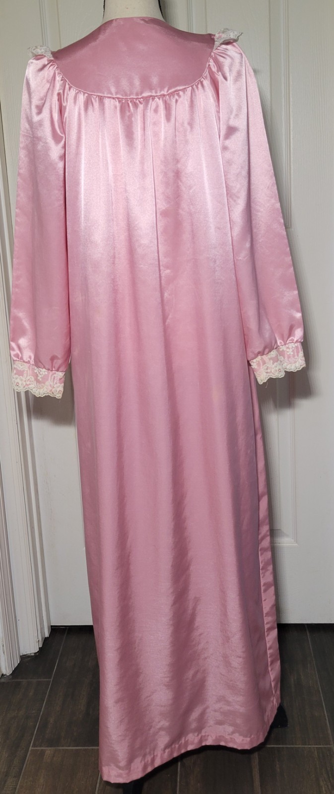 Vintage Brandywine Pink Satin Nightgown Lace Trim Petite USA Long Lingerie 70s