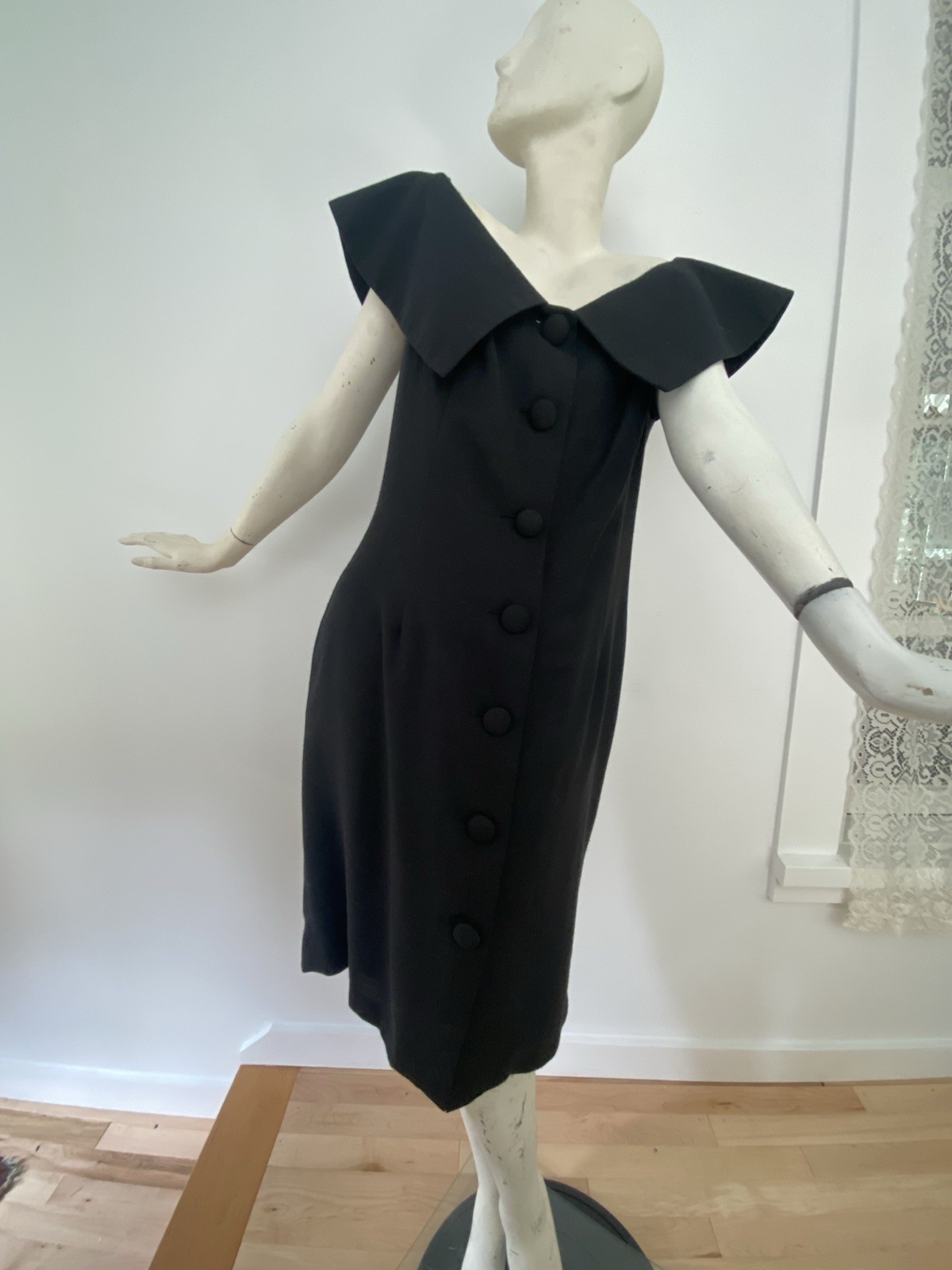 Vintage 80s Kathryn Conover NY USA Made Black Off Shoulder Button Up Dress Large