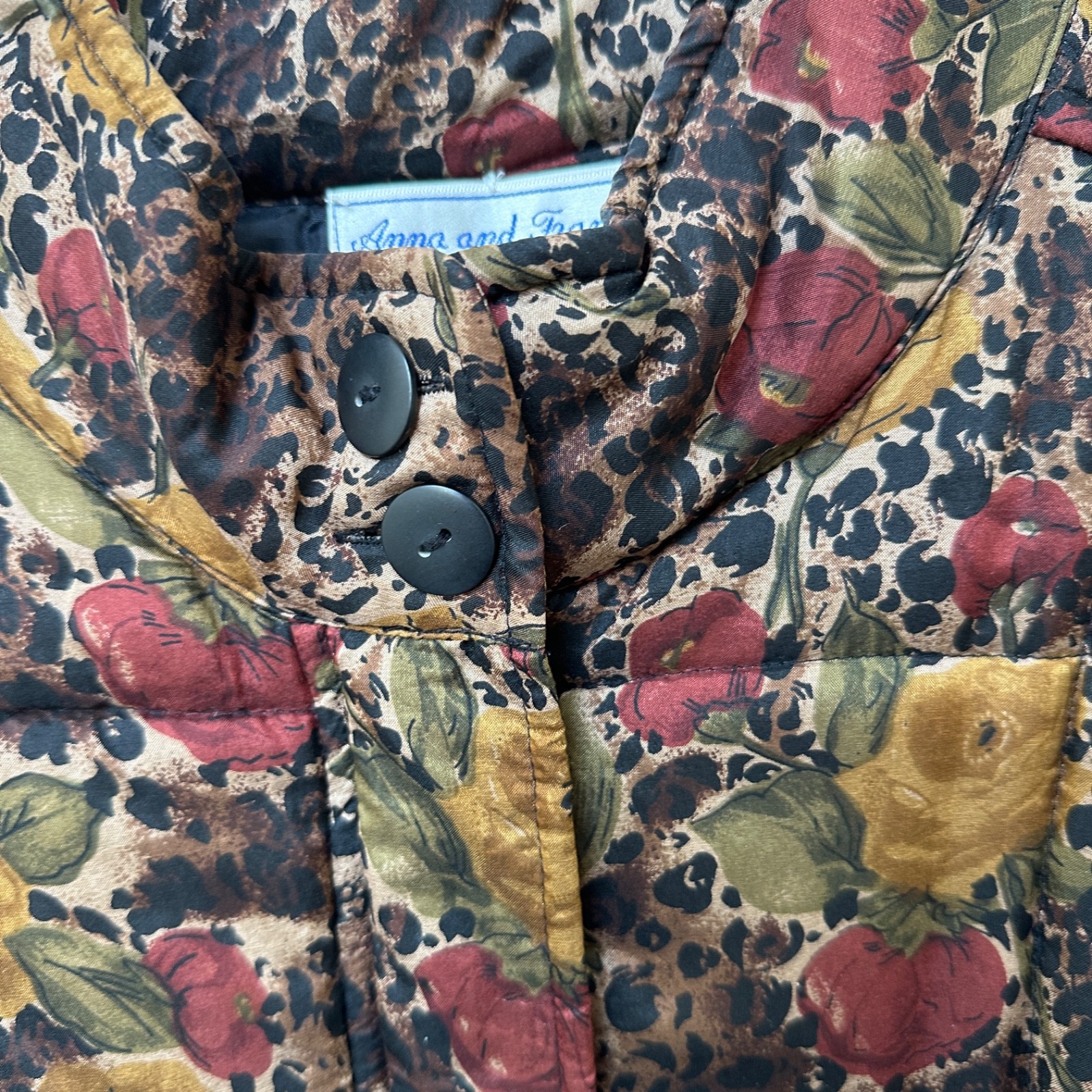 VTG 90s Anna and Frank Silk Quilted Jacket Large Leopard Floral Puffer Coat Warm