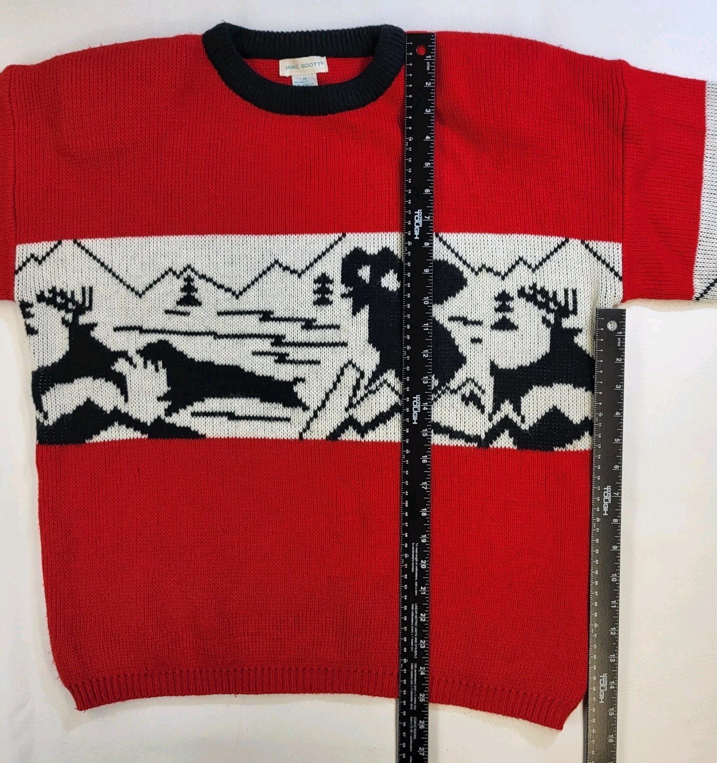 Vtg Jamie Scott Red Knit Sweater Reindeer Antelope Retro Ugly Christmas Cozy 80s