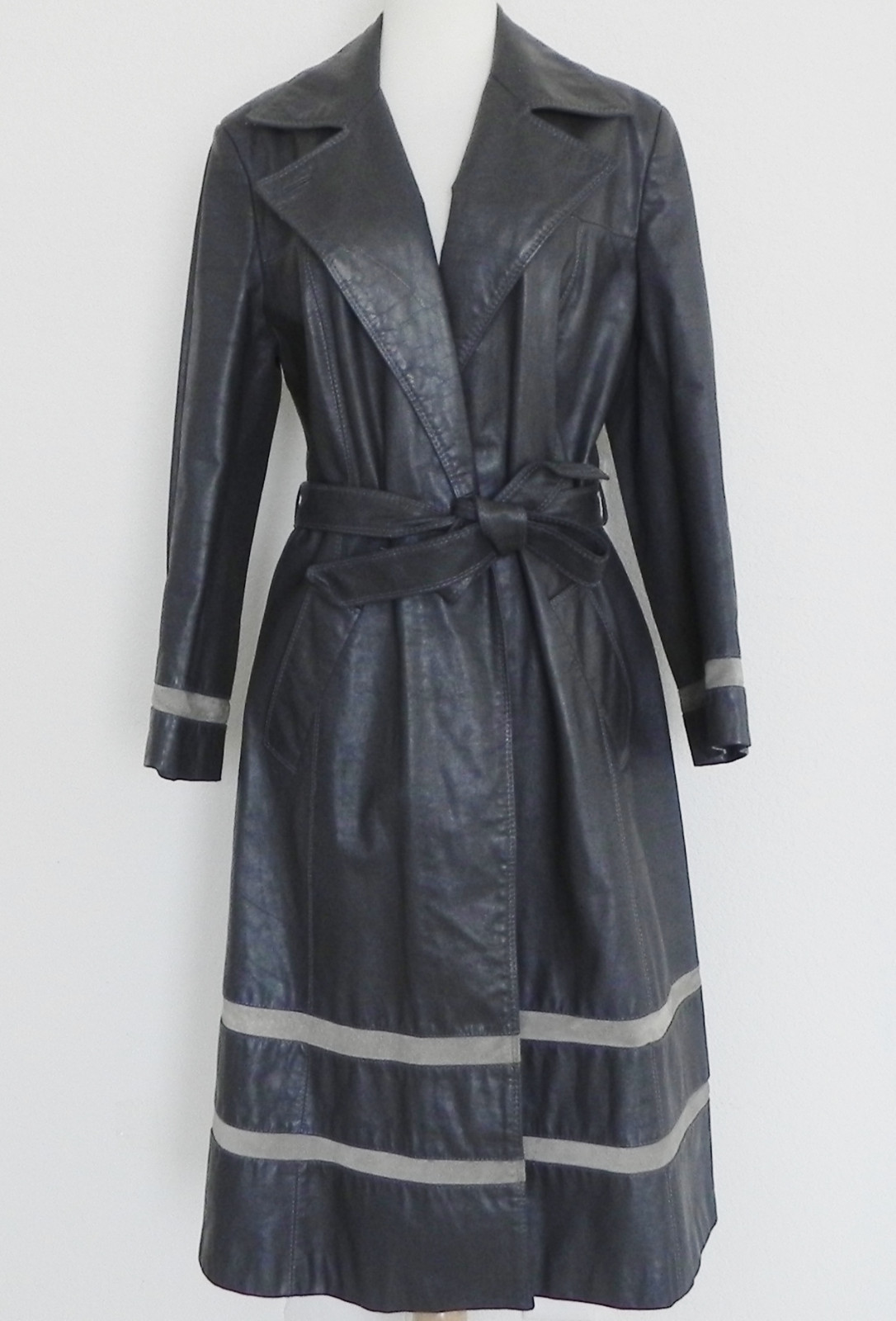 The Tannery Montgomery Ward Leather Overcoat Pockets Gray Midi Belted Size M