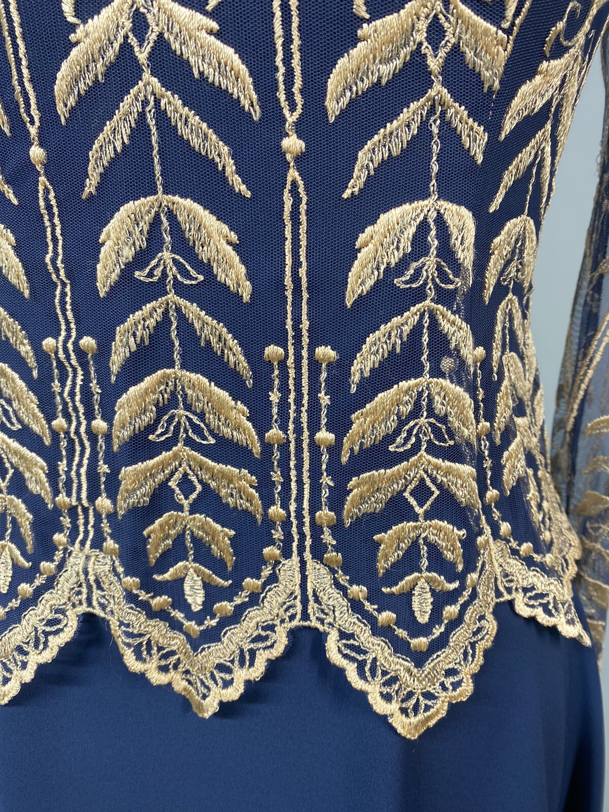 Vintage Dress SIZE SMALL 7 /8 navy blue gold CACHET lace 70s 80s 40s georgette