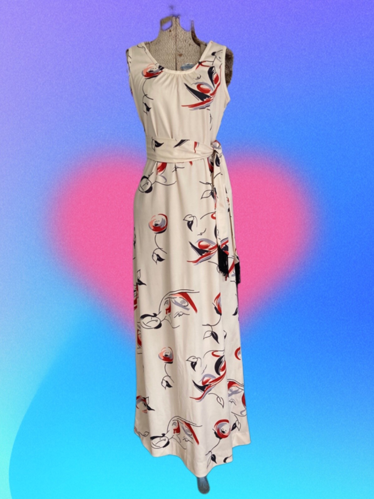 Vtg 1970s Maxi Dress Abstract Lady & Rose Picasso Print Hand Made 36″ x 56″