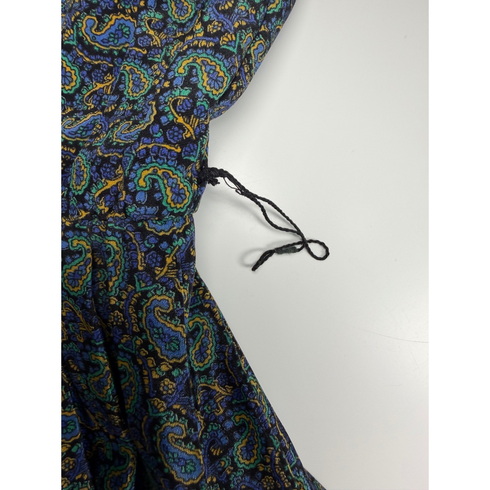 Vintage Starlo Fashions Womens Paisley Pleated Midi Dress Blue Green Long Sleeve