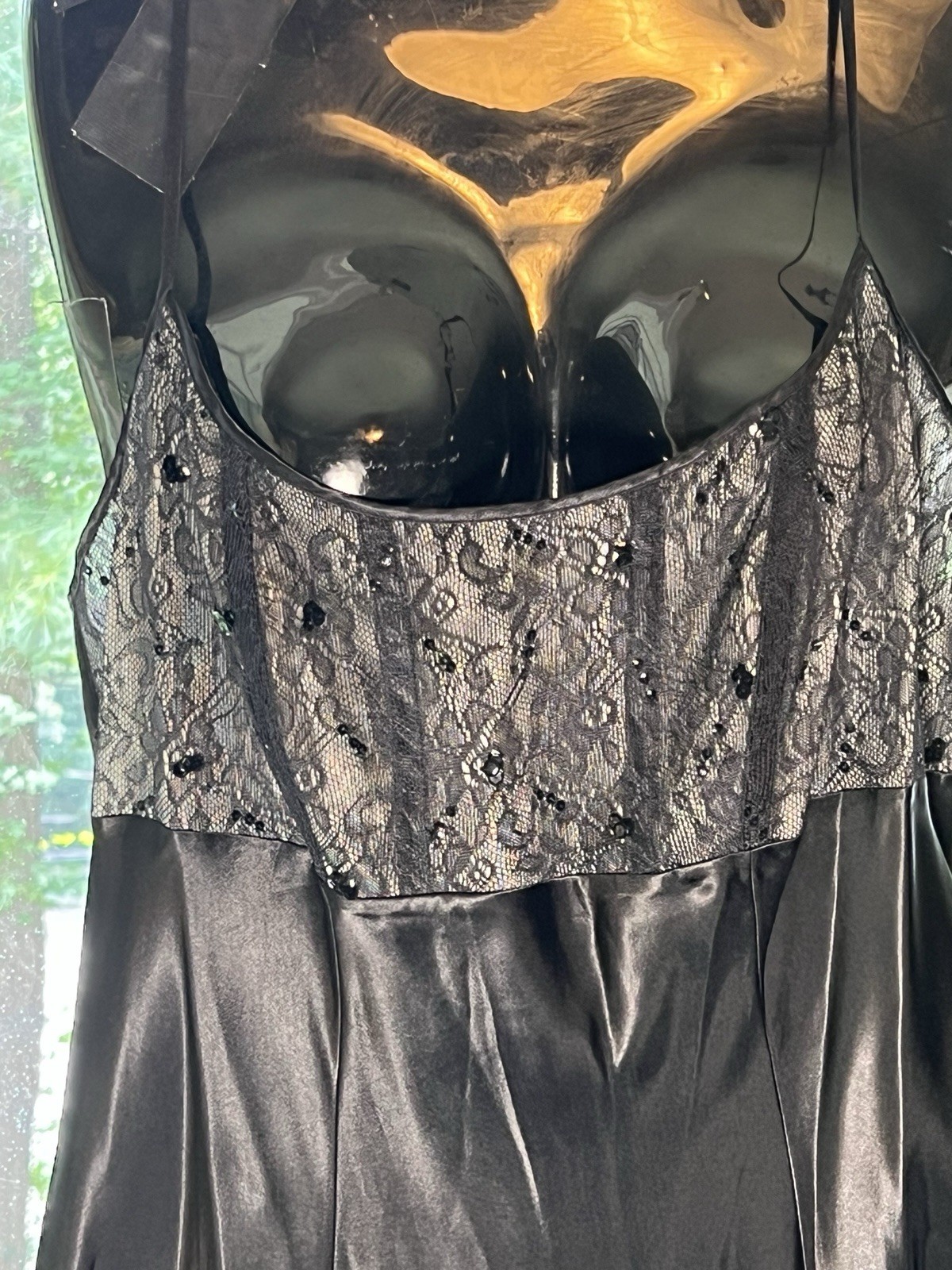 VTG sequin bias cut Silky Cacique Long BLACK EMPIRE SPLIT LINGERIE NIGHT GOWN L