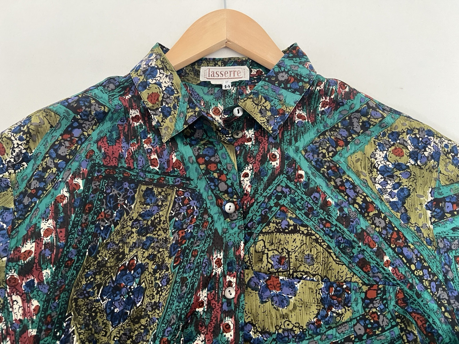 Vintage 80 LASSERRE Paris Floral Green Top Blouse Sz 44/12 US France Luxury Soft