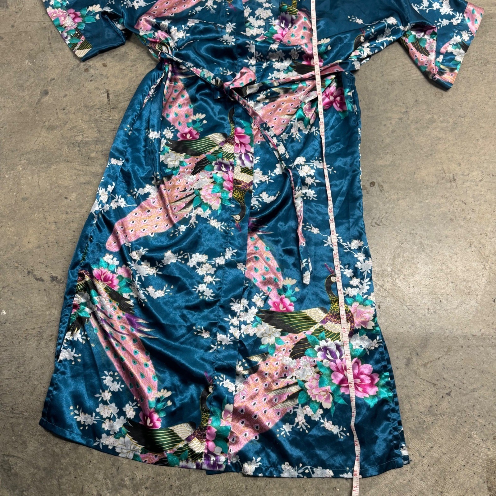 Babeyond Teal Satin Peacock Floral Long Kimono Robe Old Money Boho Retro Y2k