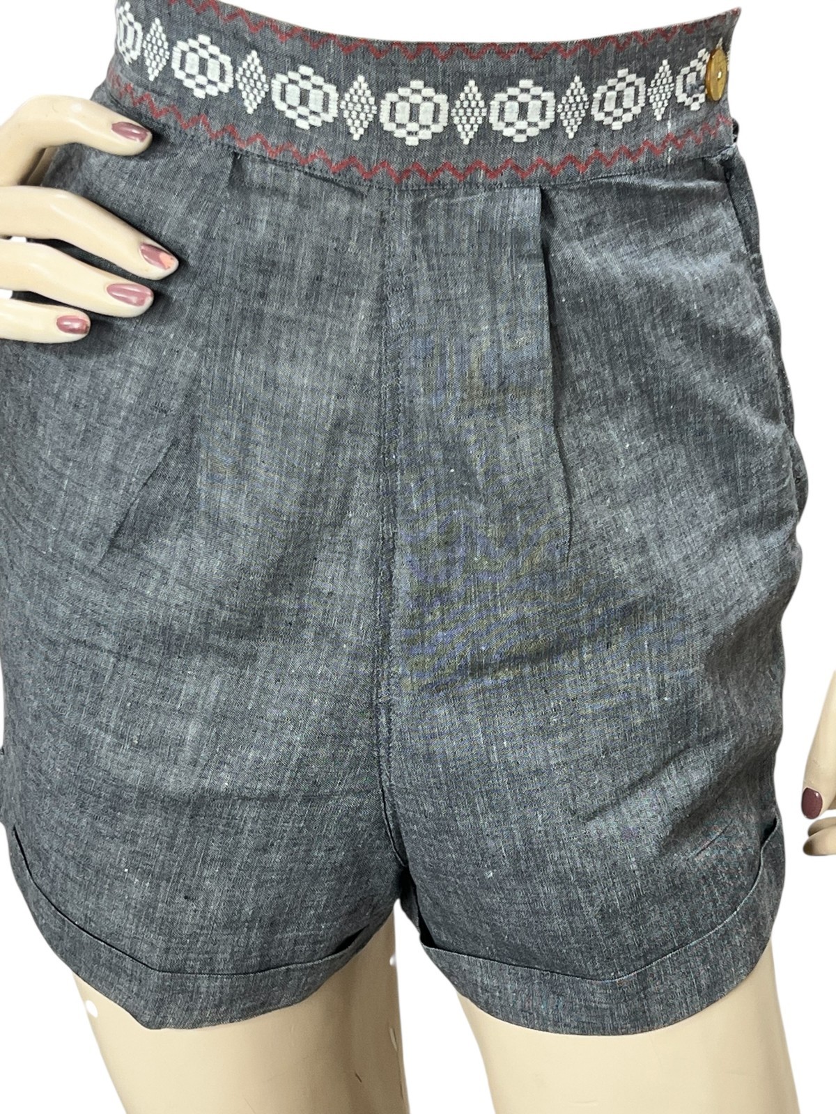 Vtg 50s XS~S Shorts Cuffed High Waist Flocked Design Metal Side Zip ROCKABILLY