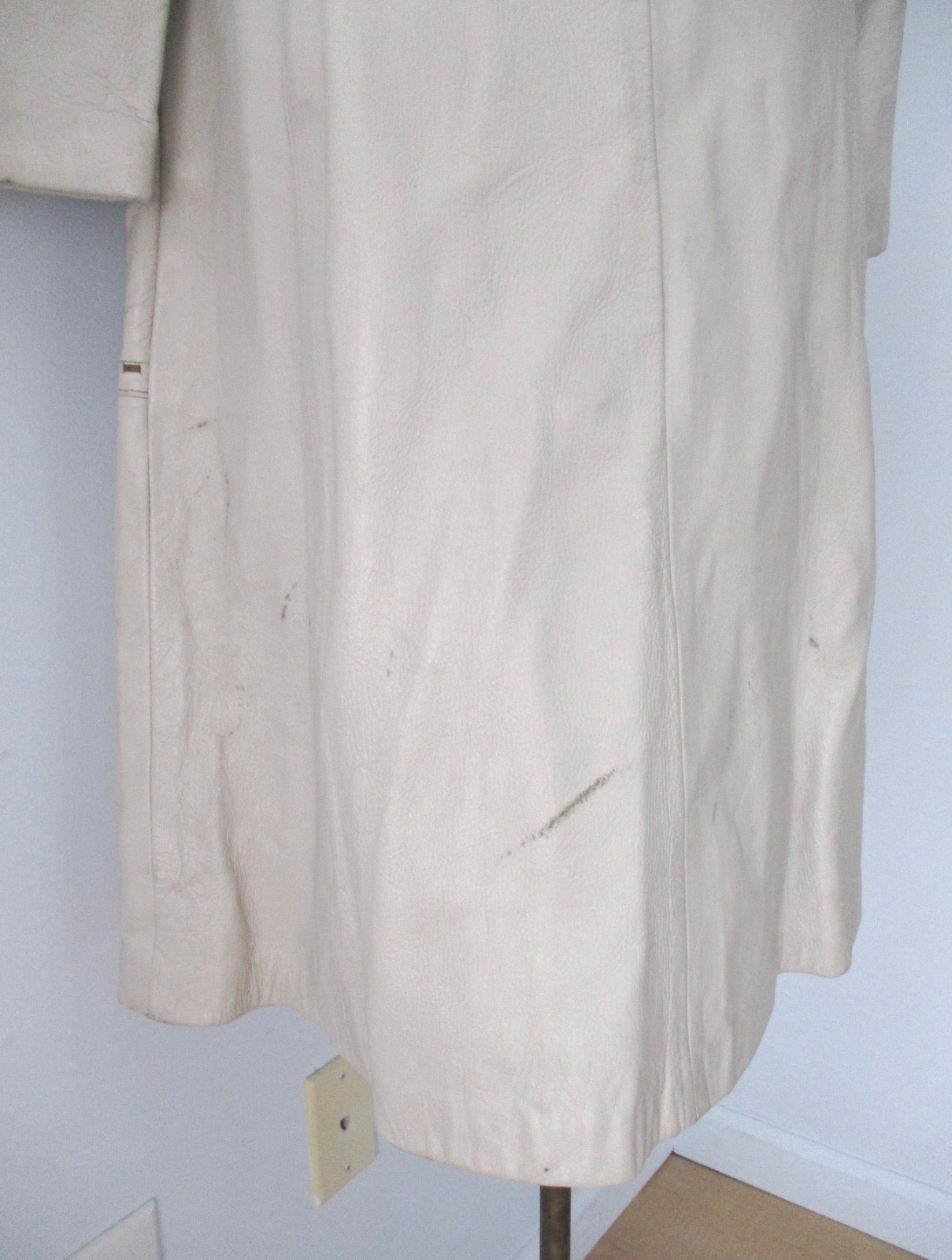 Vtg 60s gray leather trench coat brown lattice trim square buttons pockets 10