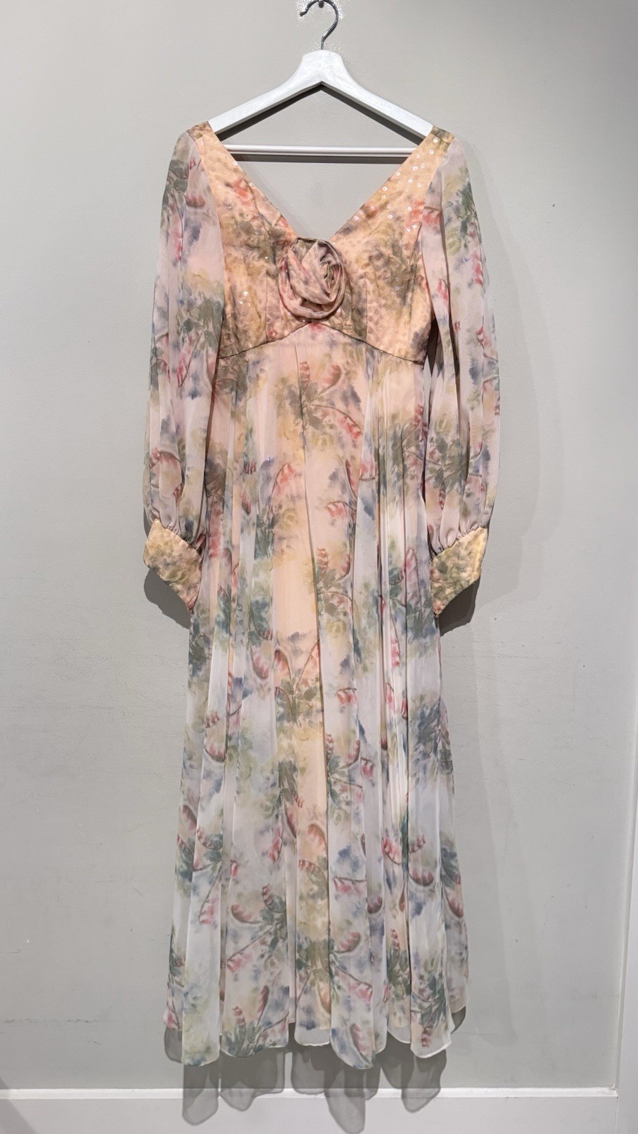 1960’S ROSE TAFT COUTURE VINTAGE CHIFFON FLORAL DRESS WOMEN S Romantic Beaded