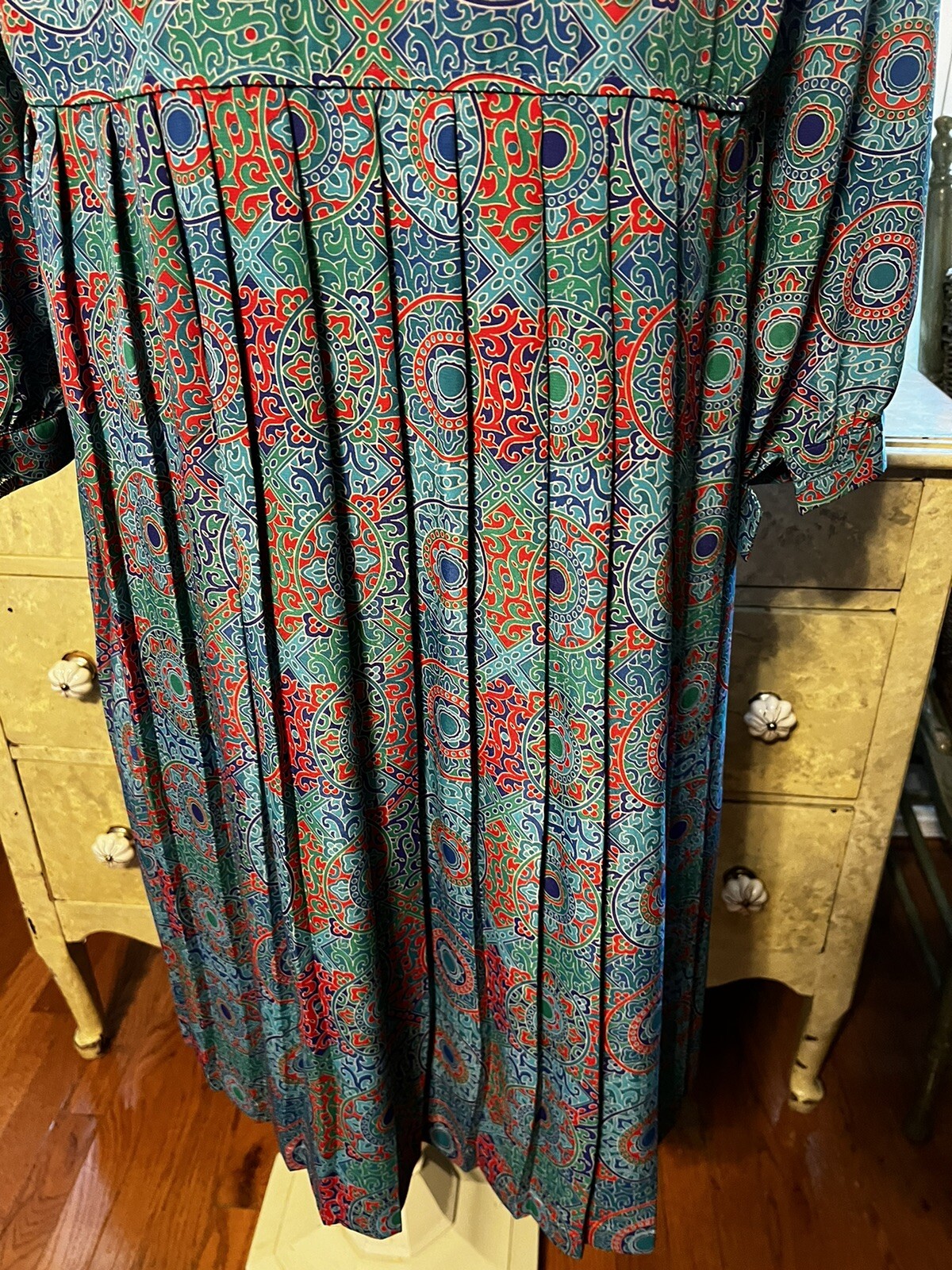 Vintage Leslie Faye Teal Pleated Fit & Flare Shirt Dress Gold Buttons-14P