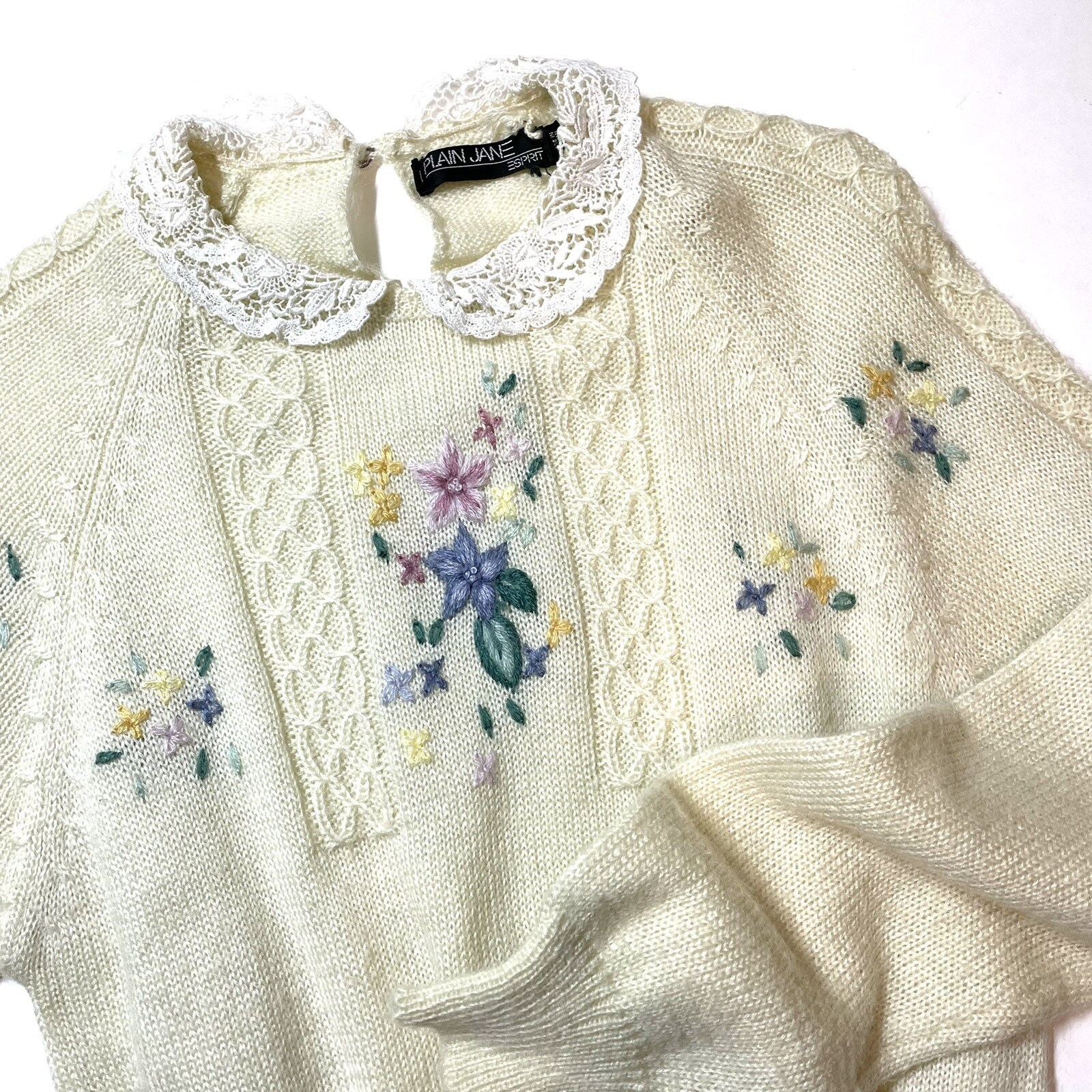 1970s Esprit Plain Jane Butter Yellow Floral Embroidered Sweater Dress Small