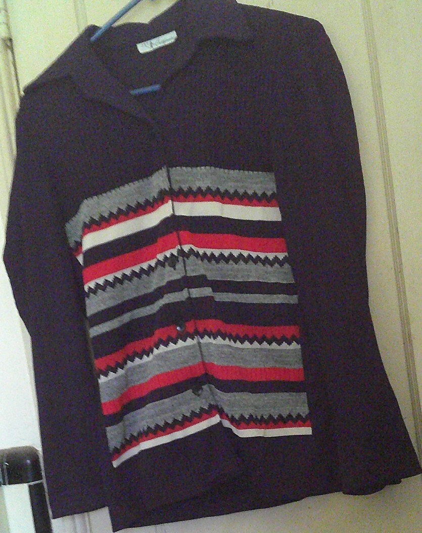 Vintage 1970s JSE California Inc knit ribbed black w stripes Button Down Shirt