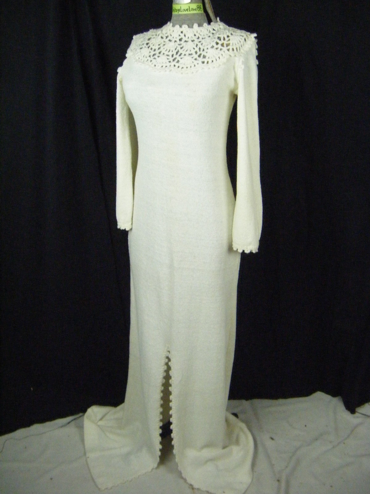 MISS DOLPHIN CA Vtg Ivory Crochet Eyelet Knit Long Dress-Bust 33-36/2XS-XS